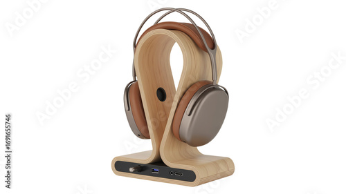 Modern wood headphone stand with integrated USB ports and audio jack
