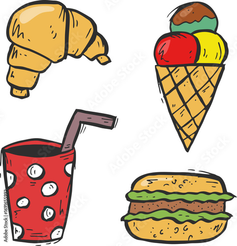Whimsical hand drawn vector icons of fast food treats and desserts collection