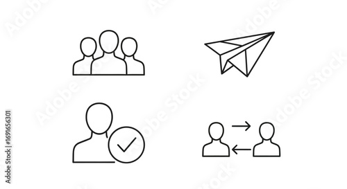 Vector illustration of set of four user and communication icons including a group of people, paper airplane, user with checkmark, and user exchange