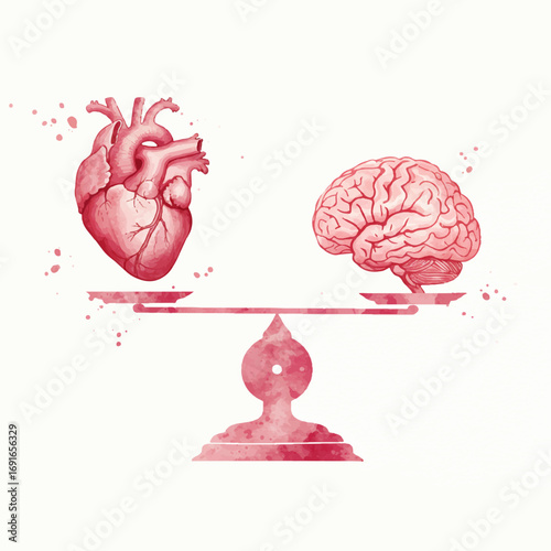 Intricate watercolor depiction of heart and brain on scales, representing balance or conflict concept, mental health 