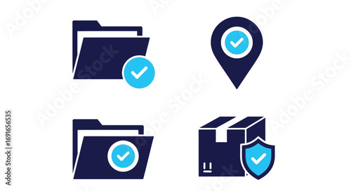 Vector illustration of folder and package icons with checkmarks and shield, indicating approved files and secure delivery