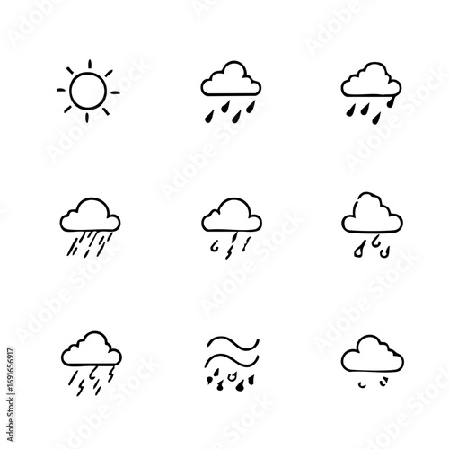 Hand Drawn Weather Icons Set with Sun, Rain, Storm, and Cloud Sketches