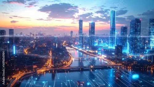 Wallpaper Mural Futuristic Cityscape at Dusk: Technological Innovations Illuminate the Urban Horizon Torontodigital.ca