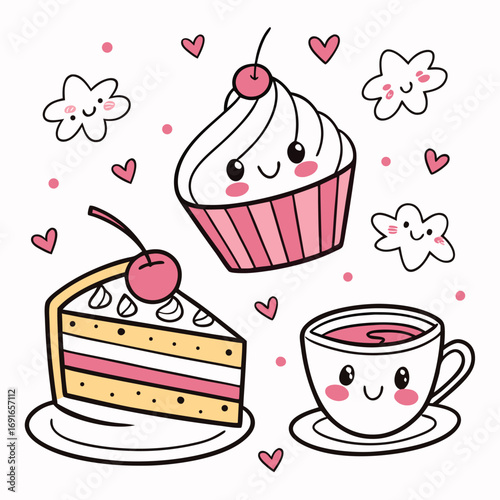 Cute Kawaii Desserts with Smiling Faces Cupcake Cake Slice Coffee Cup and Hearts Whimsical and Playful Illustration