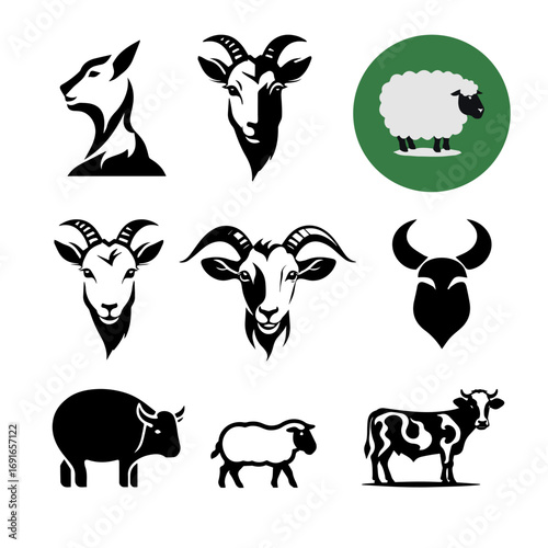 Farm Animal Vector Set – Goat, Sheep, Cow, Buffalo Silhouette and Illustration