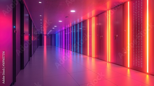 Futuristic hallway adorned with neon lights creating a striking ambience for automated access logs and wifi management systems