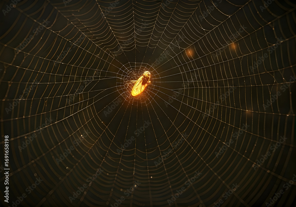 Obraz premium Close up of a Glowing Insect Trapped in a Delicate Spider Web Illuminated by Warm Light