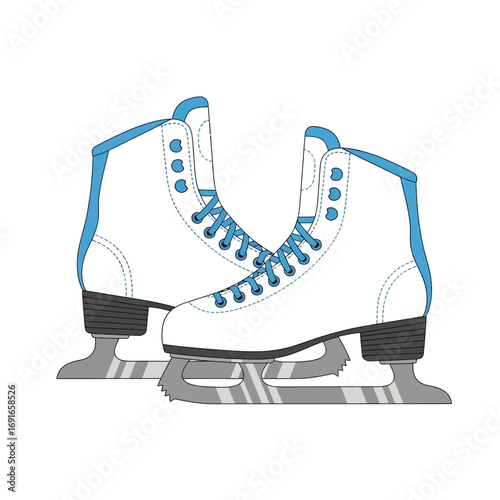 Pair of White Ice Skates with Blue Trim and Laces