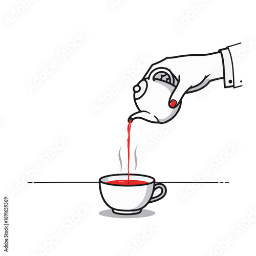Man pouring red tea into porcelain cup against white background, simplicity