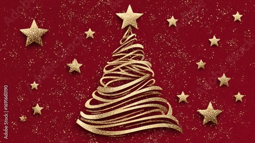 Golden Christmas Tree with Glittering Stars on Red Background for Holiday Decorations