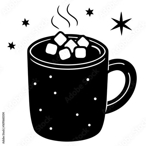 Cozy winter hot chocolate drink with marshmallows and stars monochrome design for christmas holiday celebration
