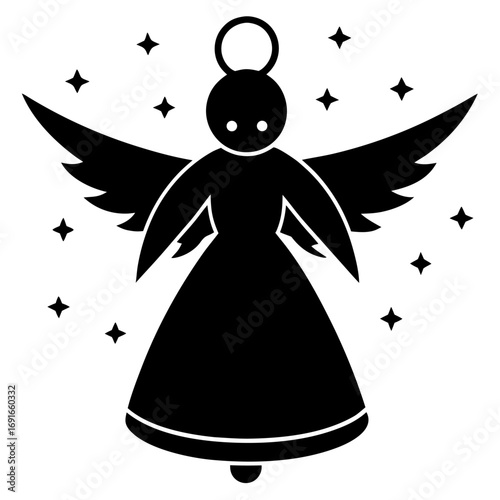 Elegant Angel Silhouette with Wings and Halo Surrounded by Stars for Christmas and Holiday Season