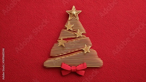 Golden Christmas Tree Ornament with Stars and Red Bow on Red Textured Background