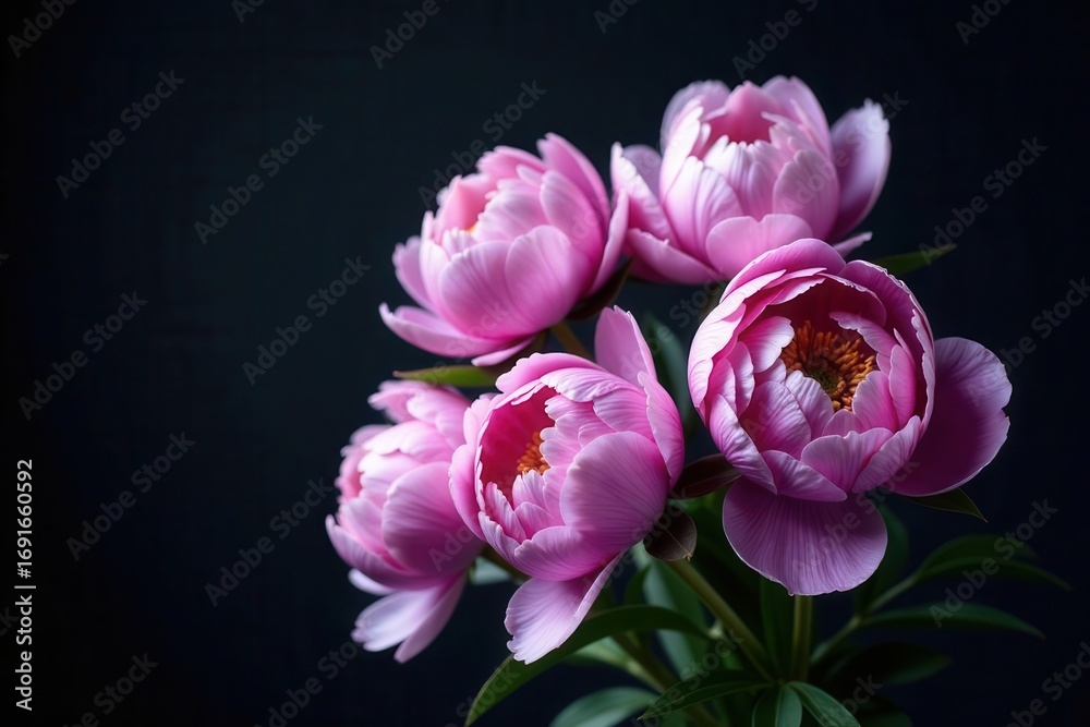 Obraz premium A Delicate Bouquet of Pink Peonies, Gracefully Arranged Against a Dark Background, Showcasing Their Exquisite Petals and Vibrant Hues