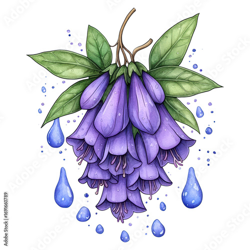Vibrant Purple Bell-Shaped Flowers with Green Leaves and Water Droplets on a Dark Background, isolated on transparent background.