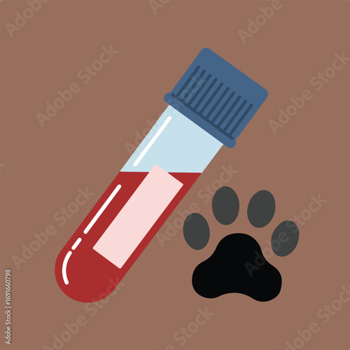 A blood sample in a test tube is placed next to a paw print on a brown background, suggesting a veterinary diagnostic test.