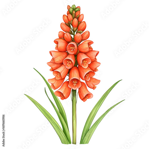 Vibrant Red Flower with Bell-Shaped Blooms and Green Leaves Against White Background, isolated on transparent background.