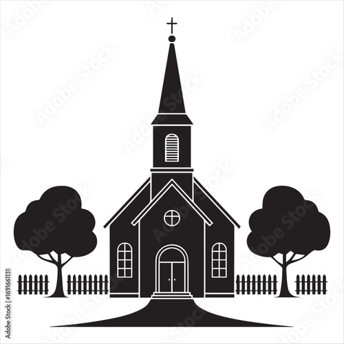 Black and White Church Illustration with Trees and Fence