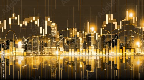 Golden City Skyline with Stock Market Data and Financial Charts