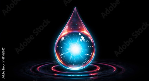 Glowing Water Droplet with Blue Light and Red Outline on Dark Background