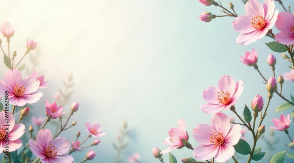 Obraz premium Delicate Pink Blossoms Frame a Soft, Pastel Background, Perfect for Springtime Designs and Gentle Celebrations