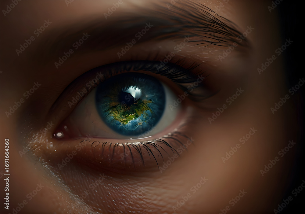 Fototapeta premium Close up of a Human Eye Reflecting the Earth, Symbolizing Global Vision and Perspective
