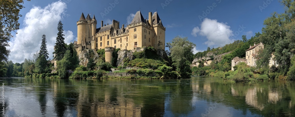 Obraz premium Panoramic view of a castle on an island, reflecting in a calm river, with a village nestled in the background