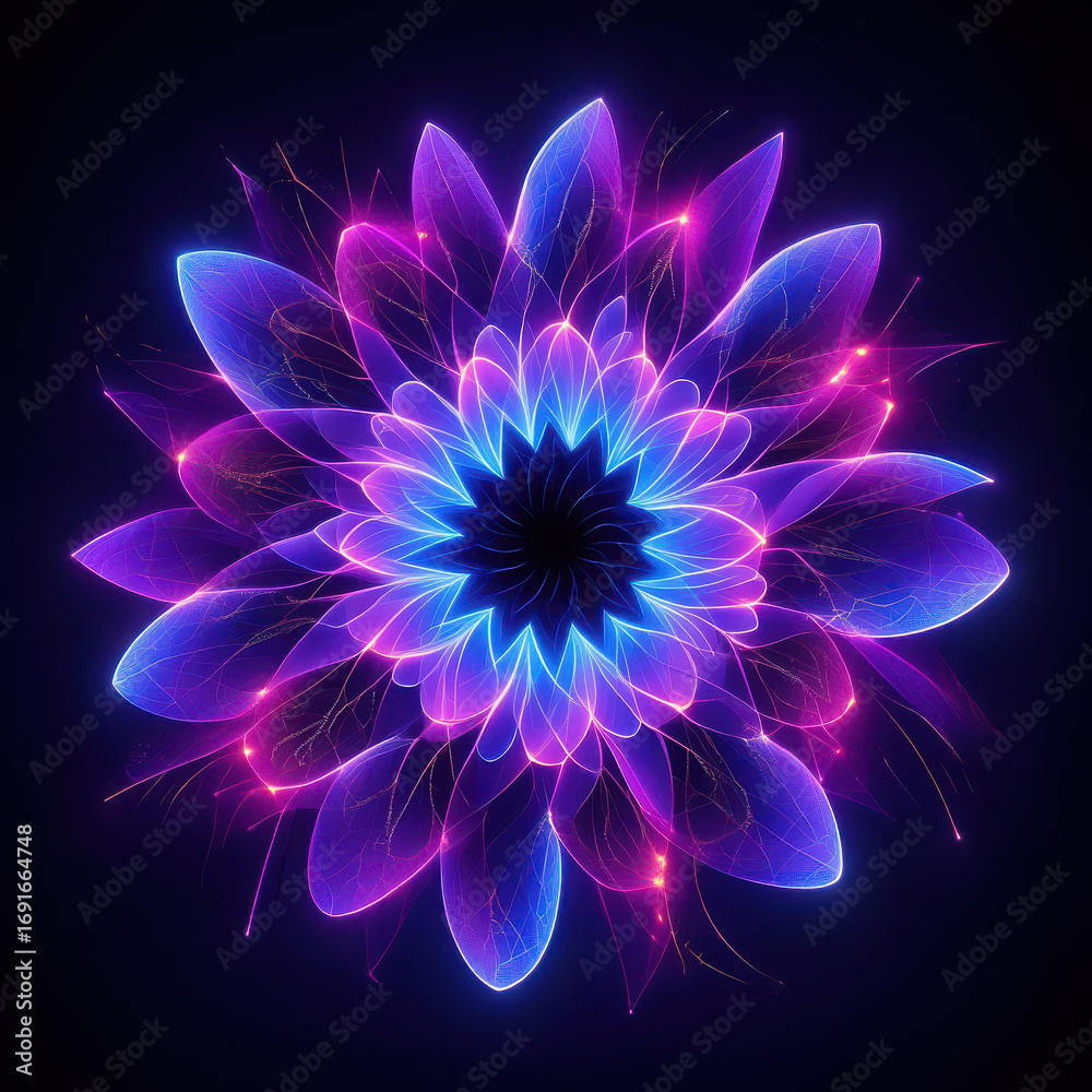 Fototapeta premium Vibrant neon fractal bloom with glowing petals and psychedelic energy amidst darkness
