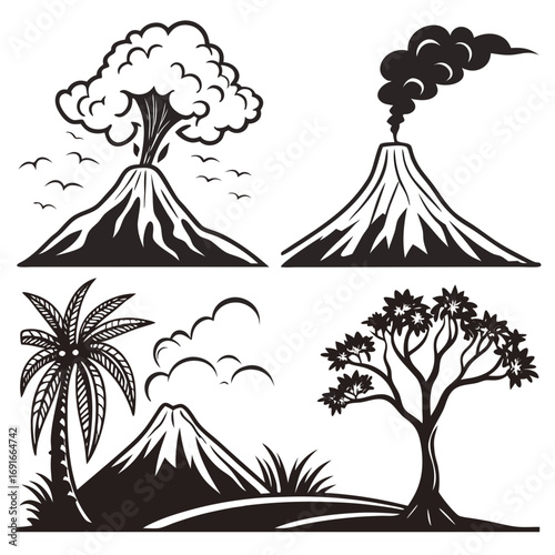 Collection of volcano illustrations with trees