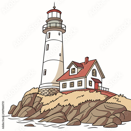 Illustration of a lighthouse with a house