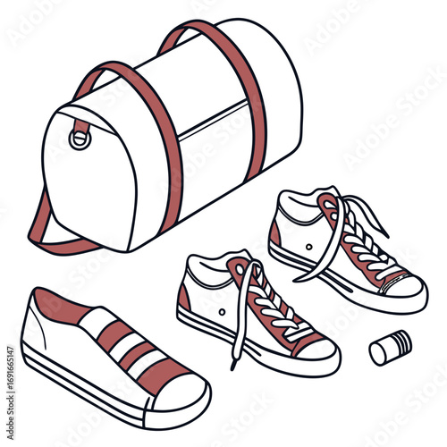 Sports bag with sneakers and shoes illustration