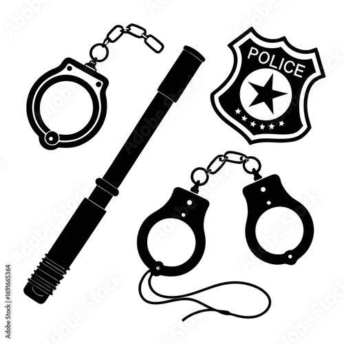 Police badge, baton, and handcuffs