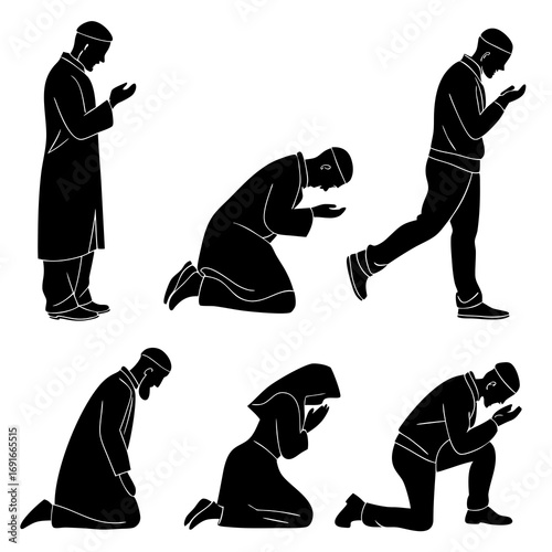 Silhouettes of muslim people praying in black color