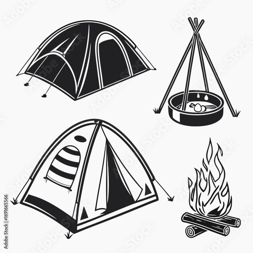 Camping tents, bonfire and cooking pot monochrome illustration