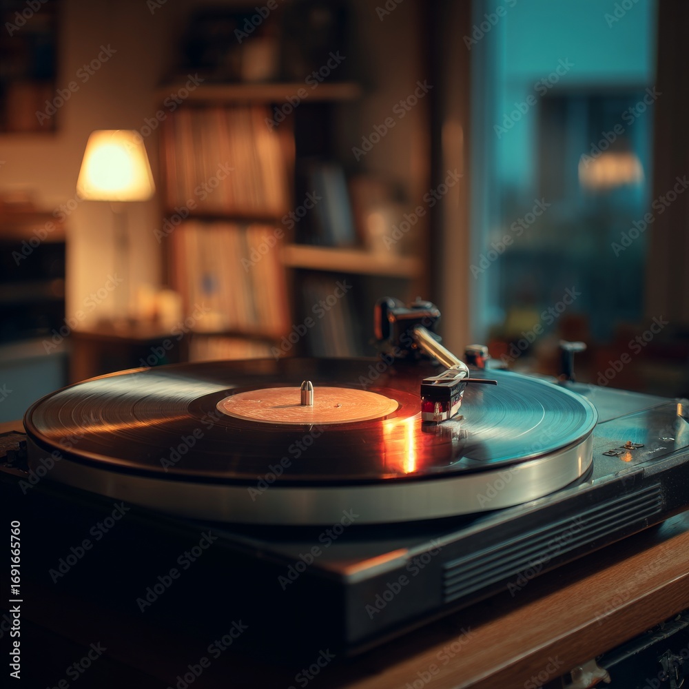 Obraz premium Vintage Vinyl Record Player in Cozy Living Room Setting