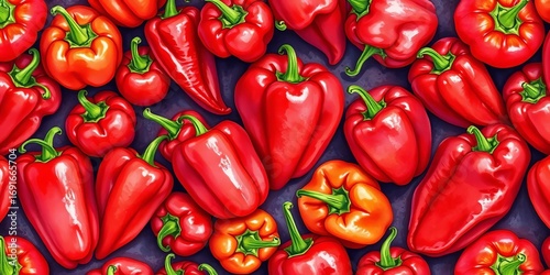 Watercolor red peppers seamless pattern, vibrant hues, organic texture,  peppers,  watercolor