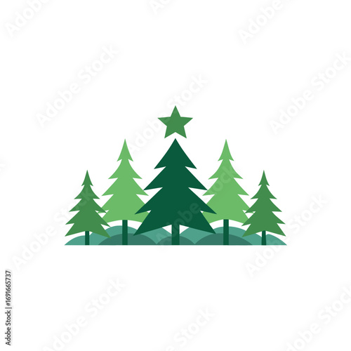 A minimalist graphic illustration featuring a row of stylized evergreen trees in various shades of green with a bright green star atop the tallest central tree