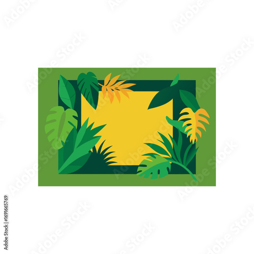Vibrant tropical jungle leaves border frame with yellow center for text and copy space in a flat design style