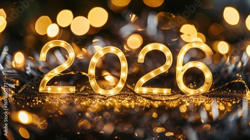 Golden Illuminated Numbers Forming 2026 Celebratory New Year Decoration