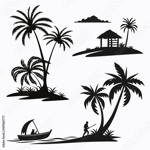 Silhouettes of tropical islands with palm trees, boat and man