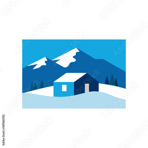 Cozy blue house nestled in a snowy mountain landscape with snow capped peaks and pine trees under a clear blue sky