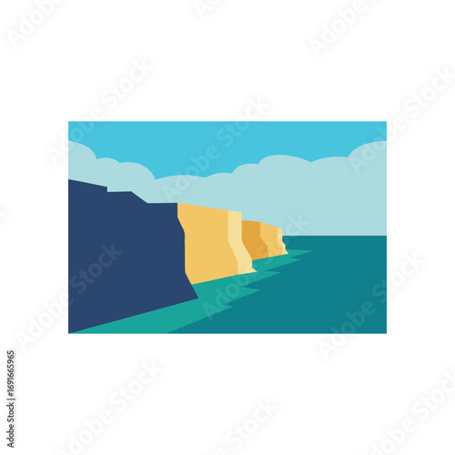 Stylized flat illustration of dramatic dark blue and golden yellow cliffs meeting the vibrant turquoise ocean under a pale blue sky with fluffy white clouds