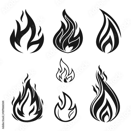 Monochrome fire set with different flame shapes