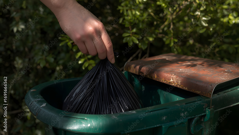 Fototapeta premium A person's hand placing a black garbage bag into a green outdoor trash receptacle.