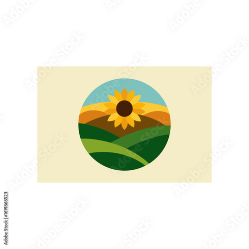 Stylized illustration of a vibrant sunflower blooming over rolling green hills and golden fields under a clear blue sky