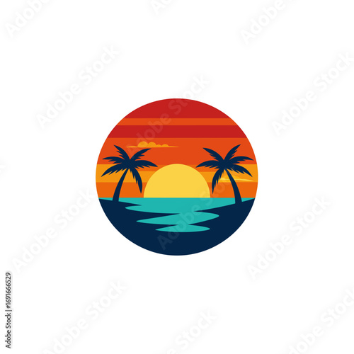 Vibrant tropical sunset with silhouette palm trees and ocean waves reflected in the warm evening sky