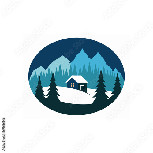 Cozy winter cabin nestled in a snowy mountain landscape with pine trees and a warm glowing window at dusk