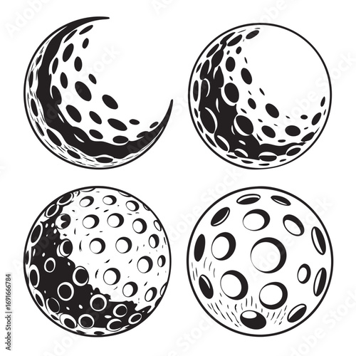 Golf ball moon phases set in line art style