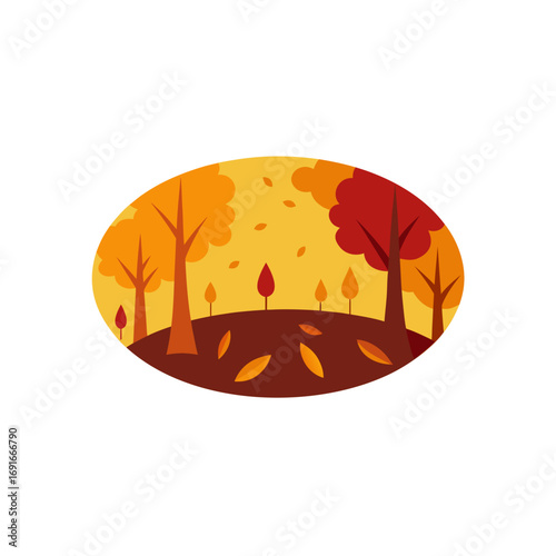 Stylized autumn forest landscape with falling leaves in warm orange and red tones depicting the beauty of the fall season