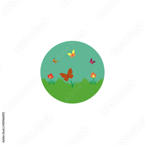 Whimsical illustration of colorful butterflies fluttering above green grass and bright flowers within a teal circle symbolizing a vibrant spring meadow scene